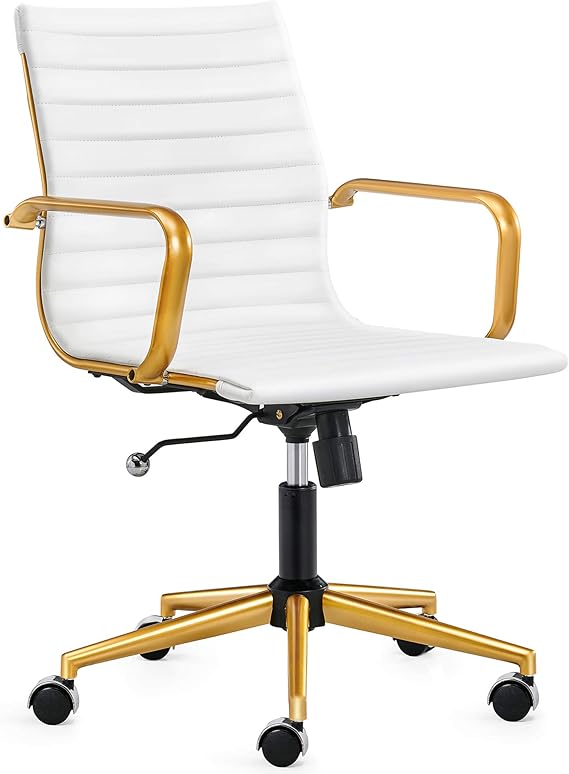 LUXMOD White Desk Chair with Wheels Gold Office Chair in