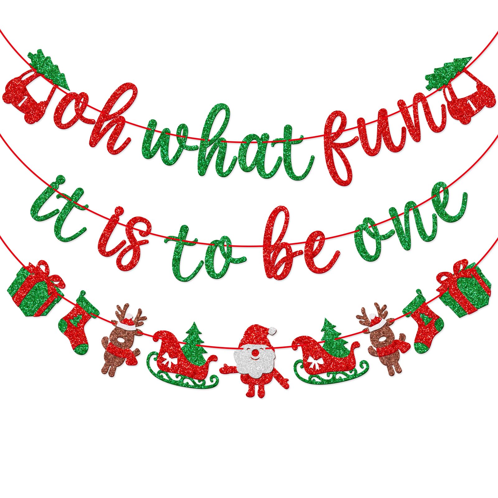 Qttier Oh What Fun It Is to Be One Banner, Pre-strung Christmas 1st Birthday Party Decorations, Red and Green Glitter