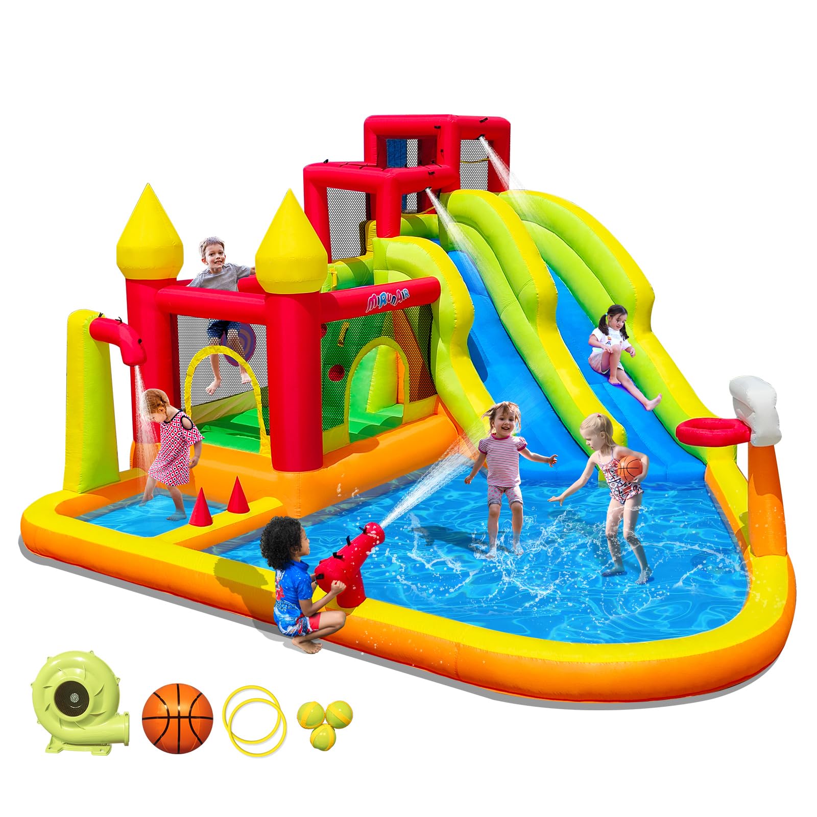 Photo 1 of **UNTESTED**
MIRUNAIR Inflatable Bounce House with Slides, Inflatable Water Slide for Kids Backyard, Bounce Water Prak with Air Blower, Splash Pool, Water Cannon, Climbing Wall, Outdoor Backyard Water Park