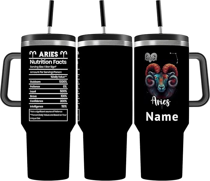 Personalized 40oz Aries Name Zodiac Sign Nutrition Facts Stainless Steel Insulated Vacuum Tumbler Mug Water Bottle with Handle,3 Lids,Straw,Travel Coffee Constellation Cup,Gift for Women(Lid-02)