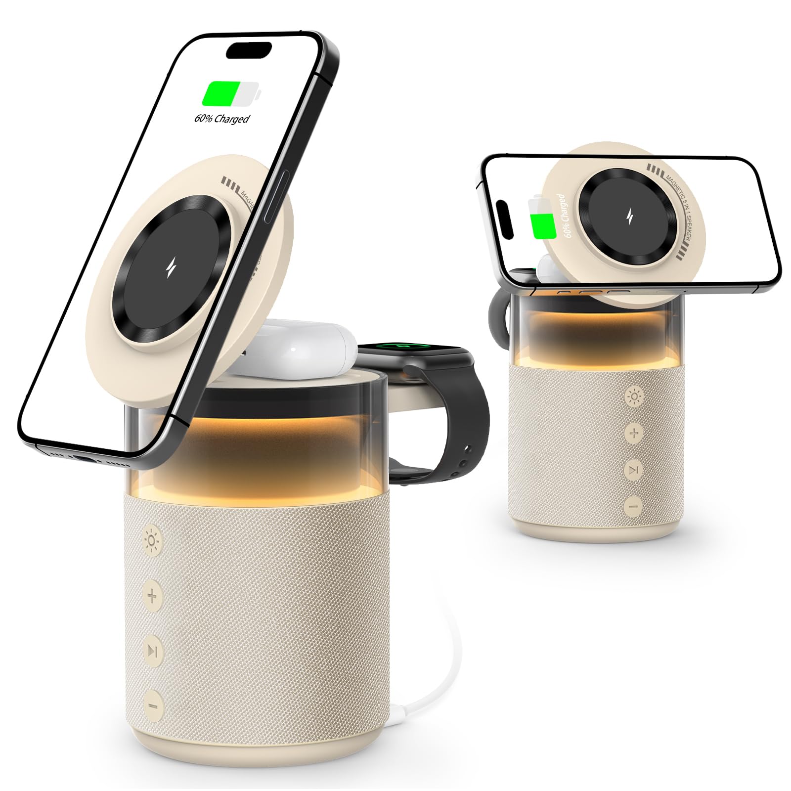 5-in-1 Wireless Charging Station with Bluetooth Speaker,Magnetic Charger with Night Light,Charger Stand with 33W Adapter Compatible with iWatch iPhone 16 15 14 13 12 Pro Max Wireless Earbuds-image-34