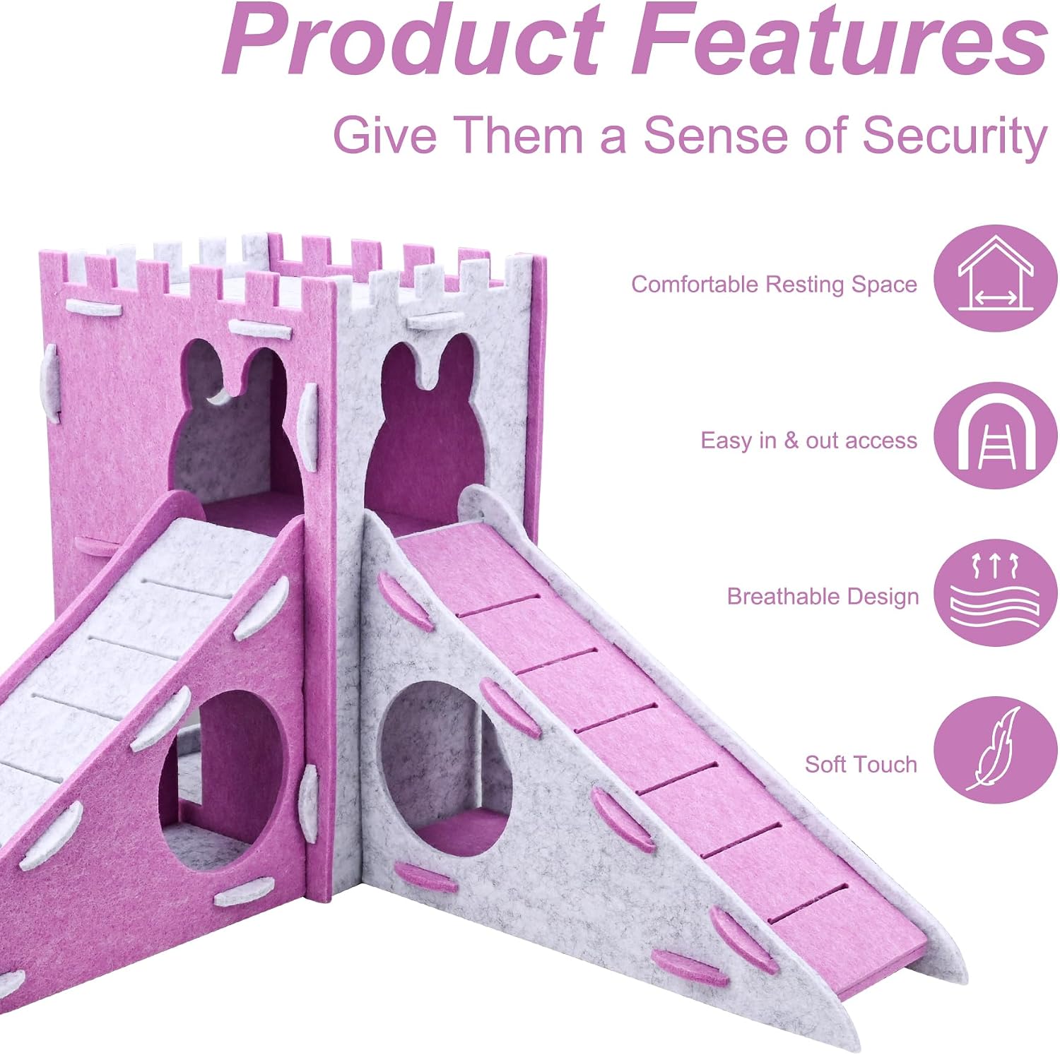 Felt Castle Hideout for Small Pets – Soft Non-Toxic Guinea Pig House, Bunny Castle Bed, Indoor Rabbit Habitat Enrichment Toy with Tunnel Doors – Easy Assembly & Wipe-Clean image 4