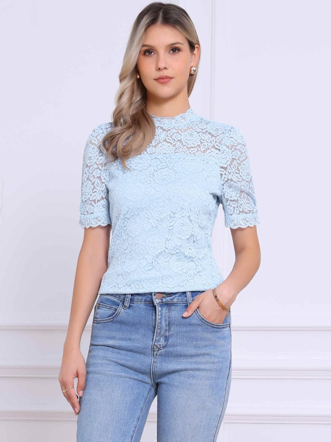Allegra K Lace Tops for Women Mock Neck Puff Short Sleeve Elegant Floral Blouses Dressy Casual Shirts - Image 3