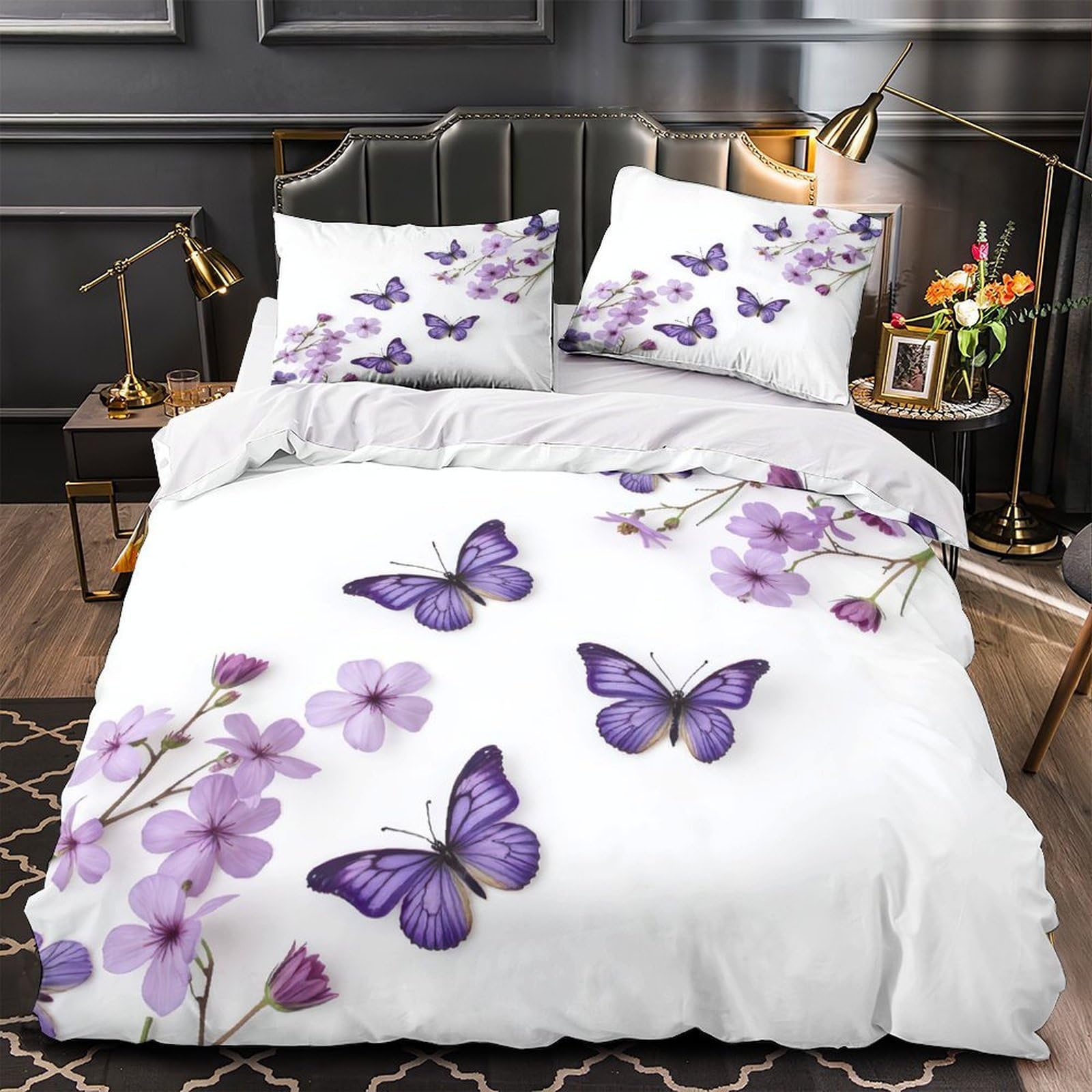 Parure de lit papillons violets housse de couette microfibre douce 140x200