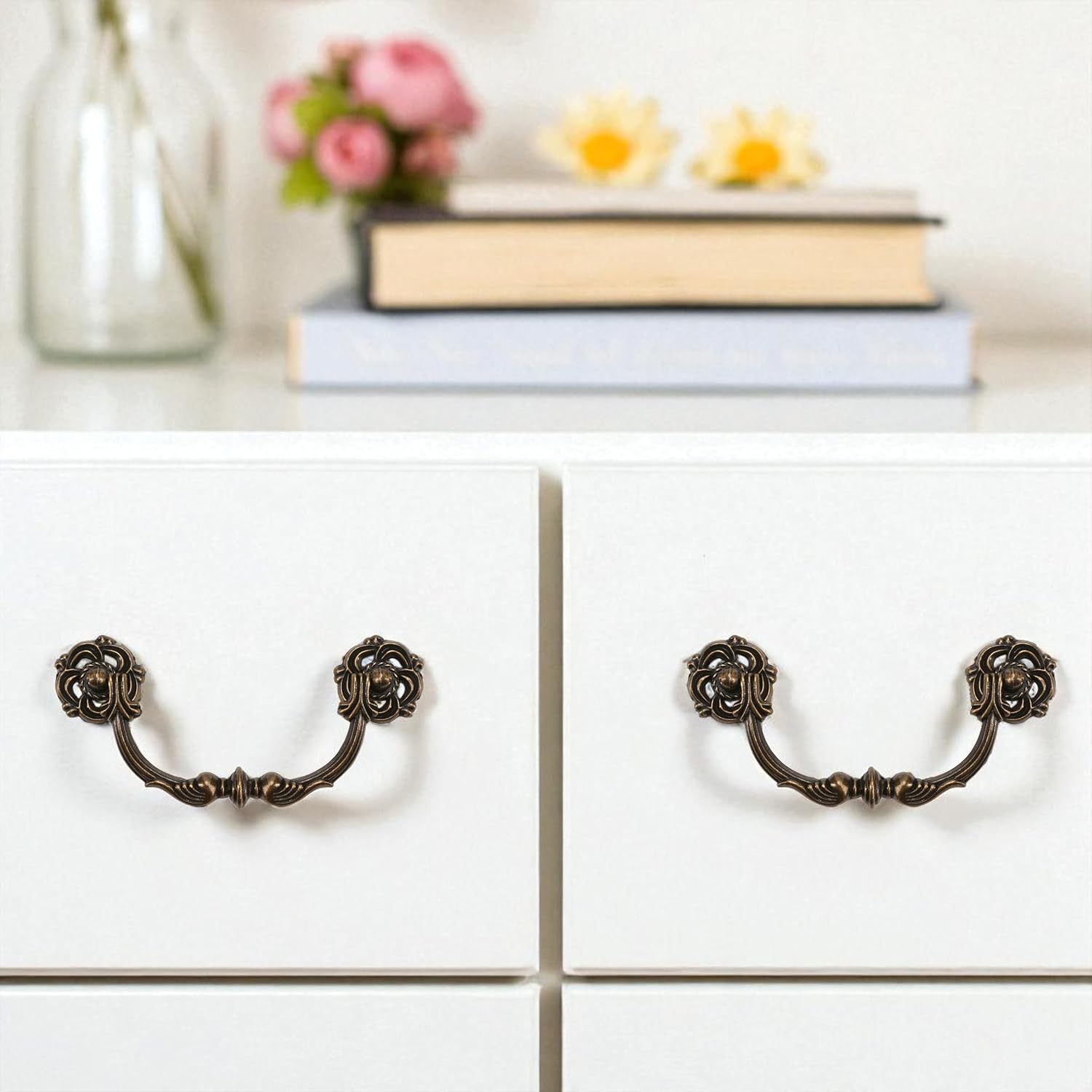 4-Pack 4.5" C-C Antique Brass Drawer Pulls – Vintage Style Drop Bail Dresser Handles, 4 1/2" 107mm Centers (4.5" Hole to Hole), Bronze Look Cabinet Knob Hardware for Desk and Drawer Furniture