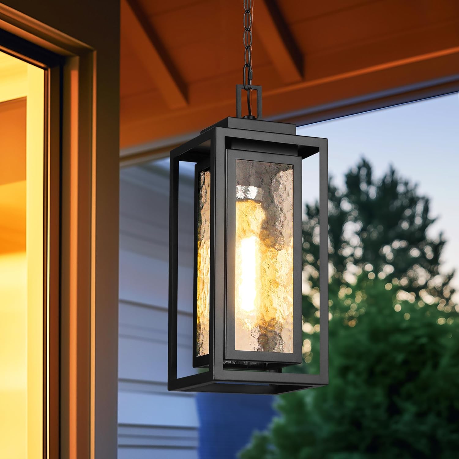 15" Outdoor Pendant Light, Modern Outside Hanging Porch Light, Black Outdoor Chandelier with Water-Ripple Glass, Metal Double Frame Exterior Hanging Lantern Ceiling Mount for Porch (Bulb Included)