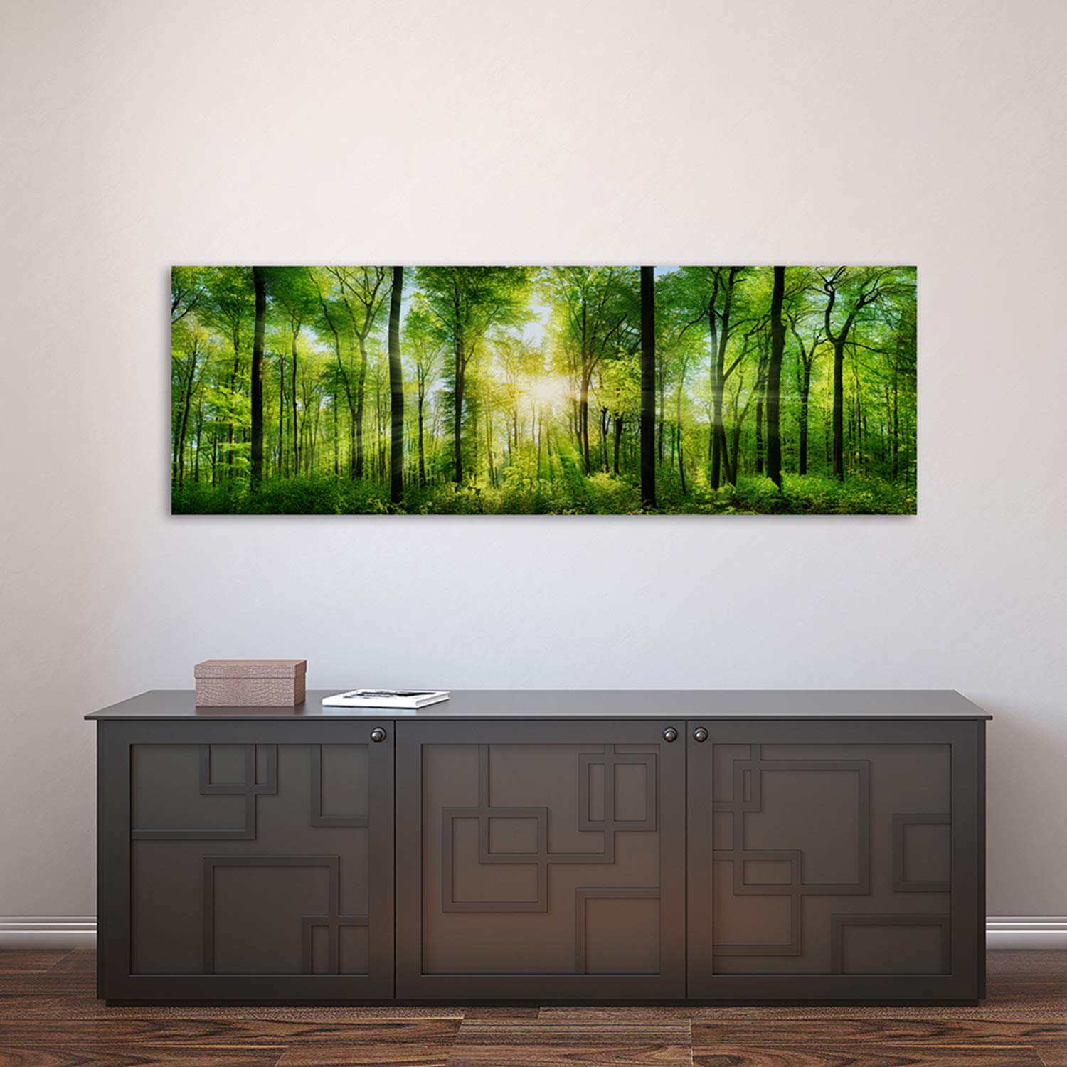 Feeby Bilder Wald Bäume XXL 150x50 cm 1 Teilig Wohnzimmer Schlafzimmer Büro Flur Küche Wandbilder Modern Bild auf Leinwand Wanddekoration Kunstdruck Design Sonne Natur Grün