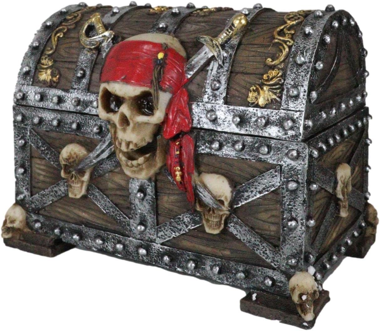 Gifts & Decors Ebros Large Caribbean Pirate Marauder Skull With Criss Cross Blades Treasure Chest Box Jewelry Box Figurine 7.25" Long