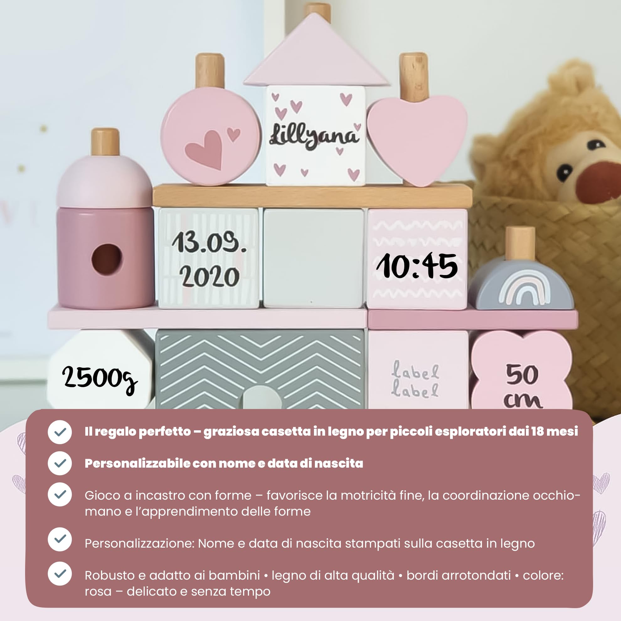 Personalizzabile Casa impilabile in legno Rosa – Sviluppo delle abilità motorie – Dai 18 mesi in su – Personalizzabile con nome e dettagli di nascita – Label Label