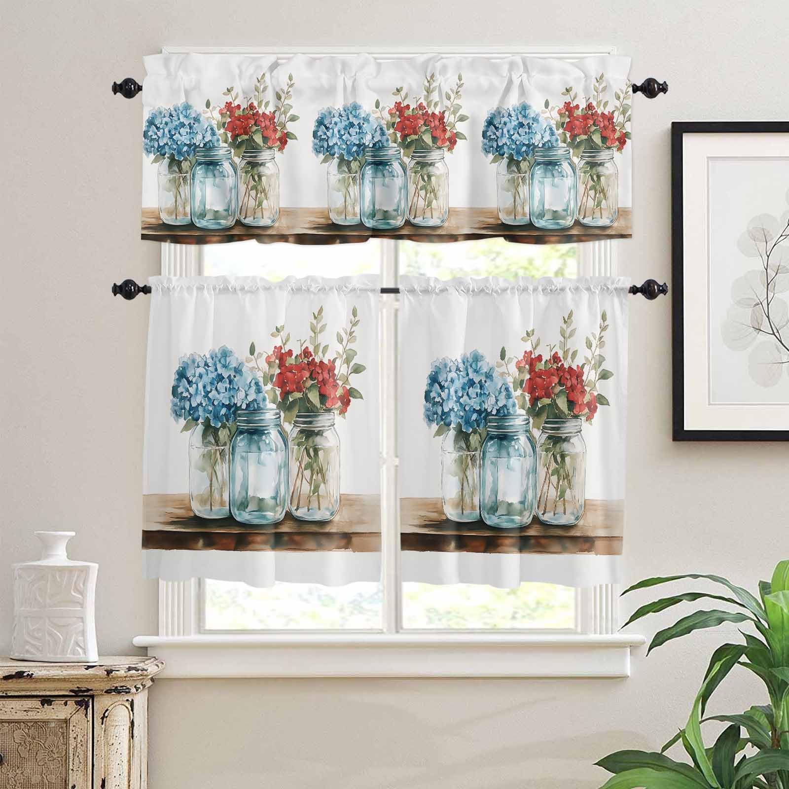 Spring Flowers Kitchen Curtains 24 Inch Length,3 Piece Rod Pocket Small Half Tiers and Valance Set,Red Blue Bottle Floral Watecolor Eucalyptus Small Large Window Treatment Decor for Bedroom/Bathroom