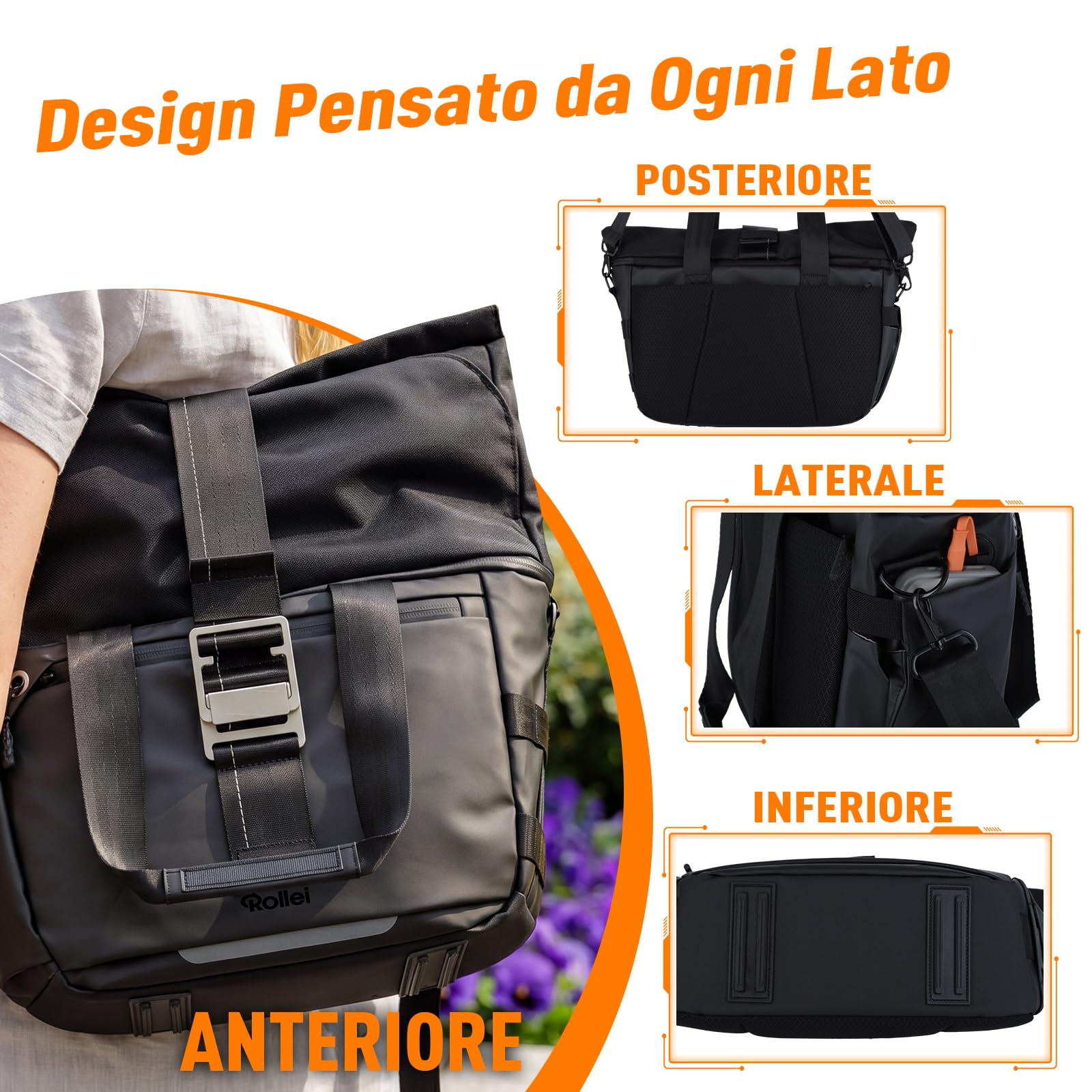 Borsa per Fotocamera, Rollei Fotoliner Ocean Rolltop Bag L Borsa Fotografica Impermeabile Zaino Fotografico Grande con Tracolla Regolabile Crossbody Borse per Macchina Fotografia DSLR e Accessori Nera