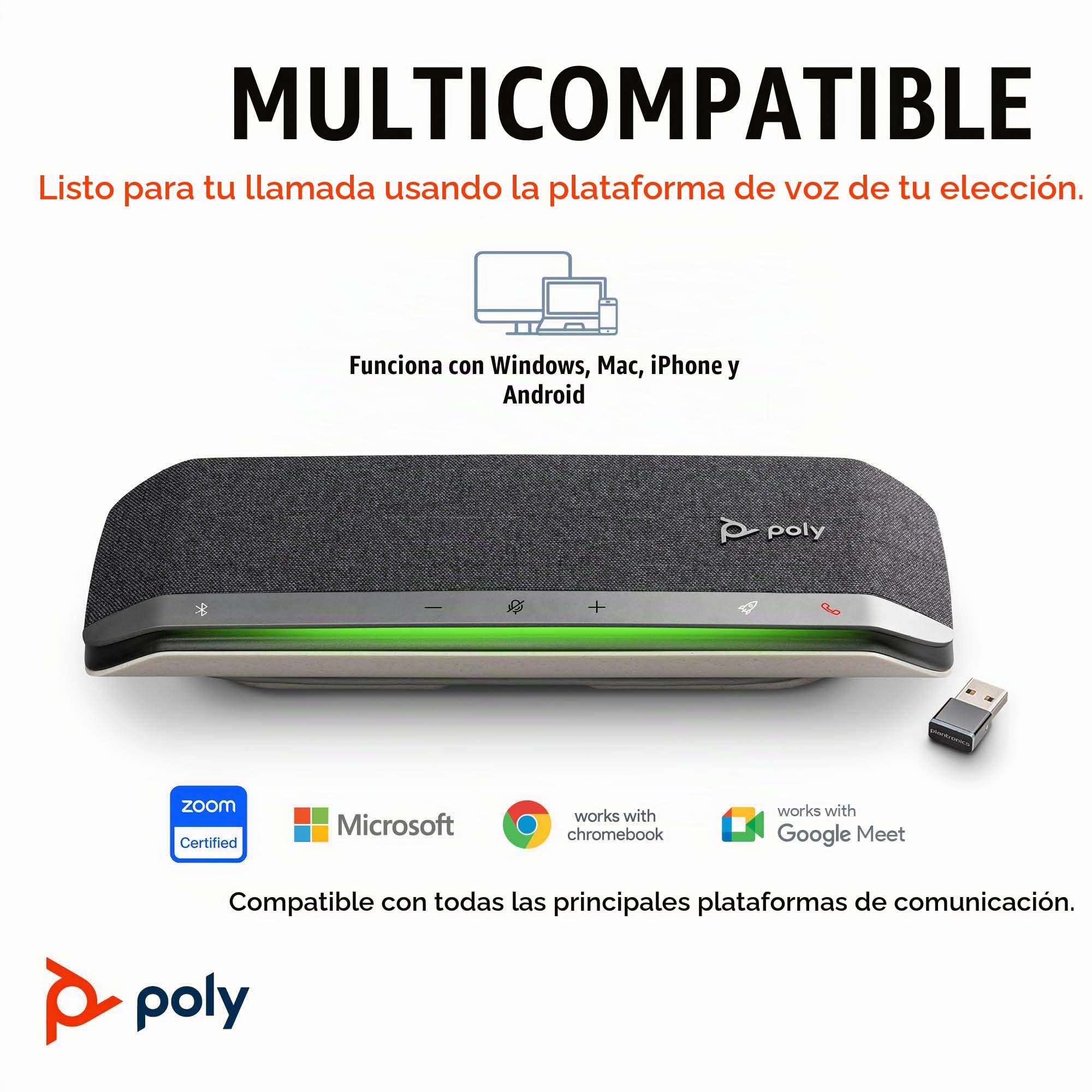 Altavoz manos libres inteligente Poly Sync 40+ - Espacios de trabajo flexibles - Se conecta a PC mediante un adaptador BT600 y a teléfonos inteligentes a través de Bluetooth - Funciona: Teams y Zoom