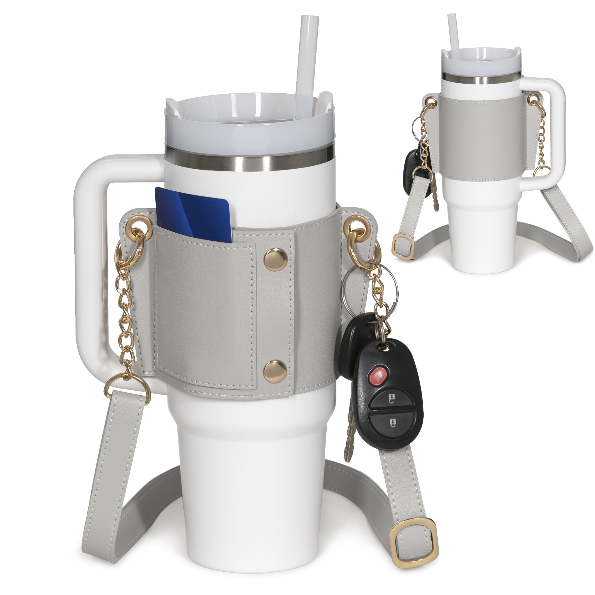 Leather Carrier Strap for Stanley 40 oz & 30 oz Tumbler with Handle |Water Bottle Holder with Adjustable Strap | Stanley Cup Accessories | Credit Card Holder | Keyring/Non-Slip Pad- Grey