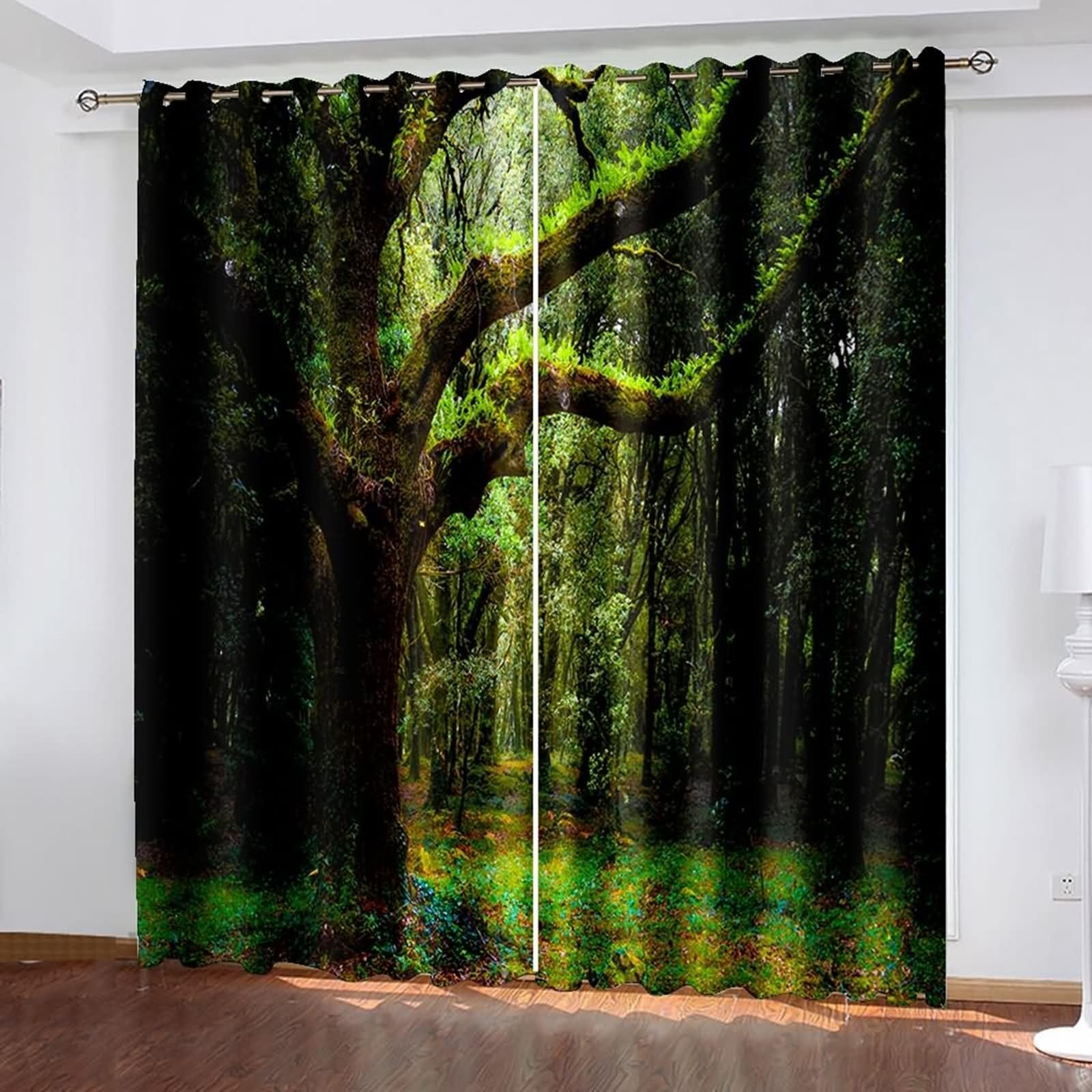 Rideau Opaque de Voyage, Rideau Salle de Bain Fenetre Vert Foncé Arbres Psychédéliques Polyester 2 Panneaux 274x214cm