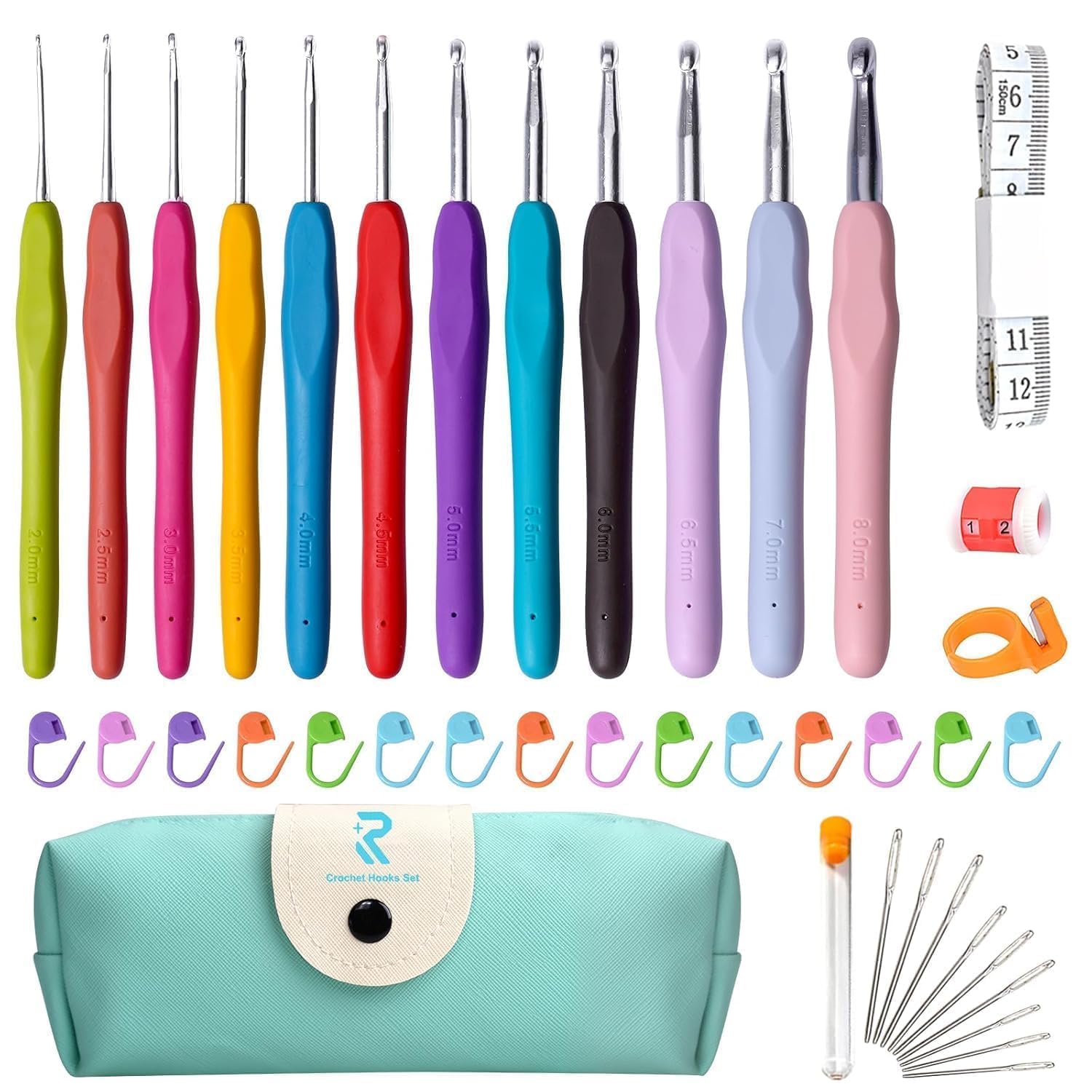 Brahmani Metal Silicone Crochet Hooks Set with Soft Grip Handles | 44 Piece Crochet Kit with 12 Sizes Crochet Needles & Accessories | Ergonomic Knitting Tools with Blue Storage Case for Beginners &-image-14