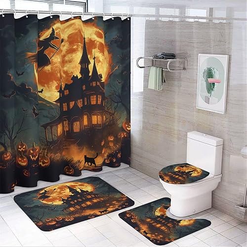 Juego de cortinas de ducha de Halloween, castillo de terror, bruja, calabaza, murciélago, cortina de ducha para decoración de baño, cortina de
