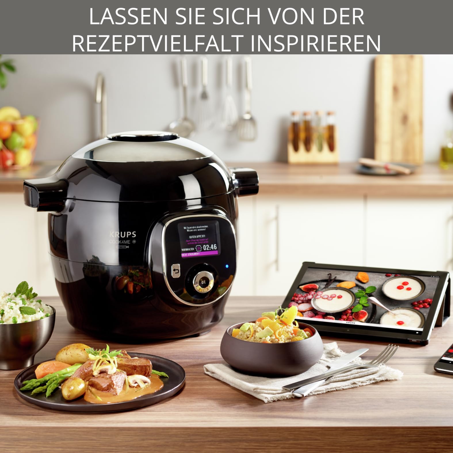 Krups CZ7158 Cook4Me+ Connect Multikocher | 1600 Watt | elektrischer Schnellkochtopf | inkl. kostenlose App | Bluetooth Steuerung | 4 Liter Fassungsvermögen | schwarz/grau