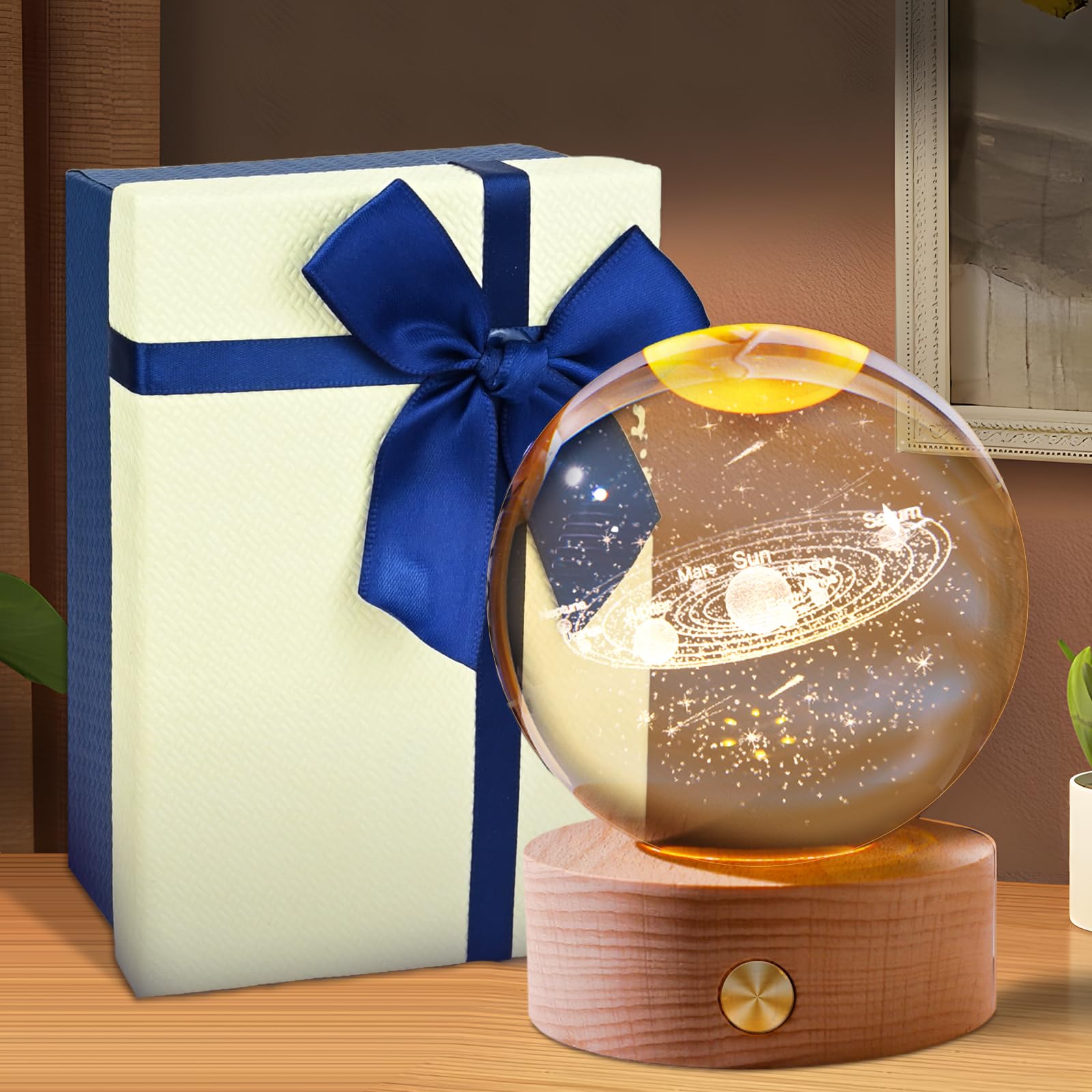 3D Crystal Ball Night Light Solar System Glass Ball with USB Powered - Warm Yellow 6 cm Solar System Crystal Ball with LED Wooden Base for Children Gifts Thanksgiving Valentine's Day Birthday Home