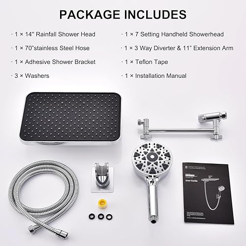 Miniatura 9 de Cabezal de ducha doble de 14 pulgadas, cabezal de ducha de mano de alta presión con filtros para agua dura, 7 rociadores con lavado eléctrico,