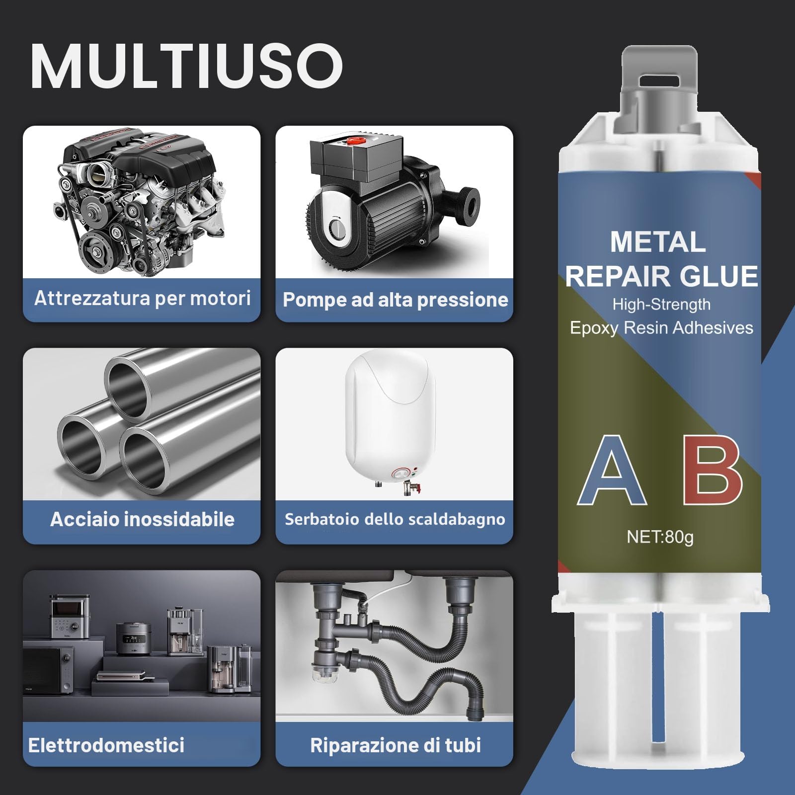 Colla per Metallo, 160 g, 2 Componenti, in Resina Epossidica, Extra Forte, per l'Incollaggio di Metallo, Acciaio Inossidabile, Legno, Ceramica, per la Riparazione, Ghisa