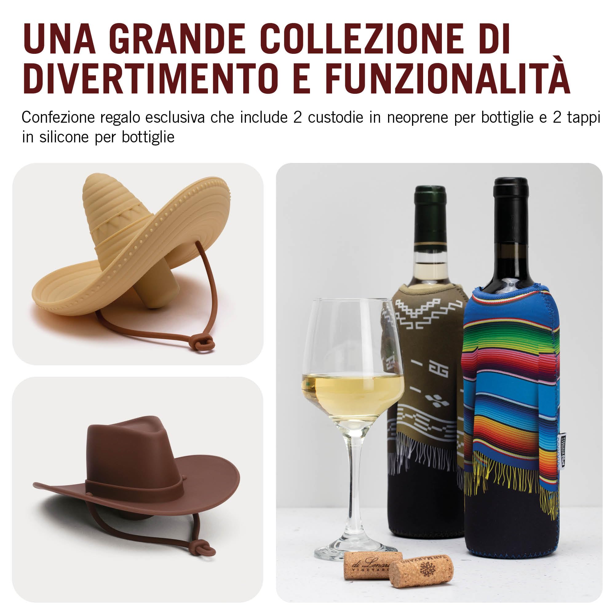 Monkey Business Gift Set per Amanti del Vino – 2 Tappi in Silicone + 2 Poncho in Neoprene per Bottiglie 750 ml – Isolamento per Bottiglia Aperta + Tema Wild West