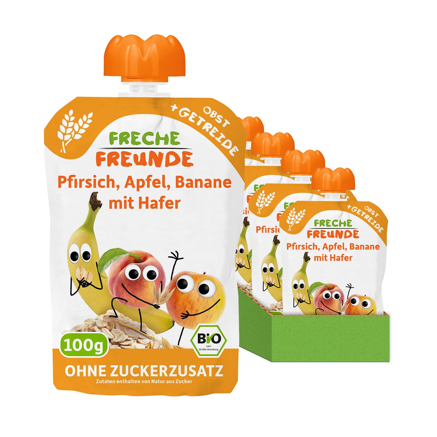 FRECHE FREUNDE Bio Quetschie Pfirsich, Apfel, Banane mit Hafer, Fruchtmus mit Getreide im Quetschbeutel für Babys ab dem 6. Monat, vegan, 6er Pack (6 x 100g)