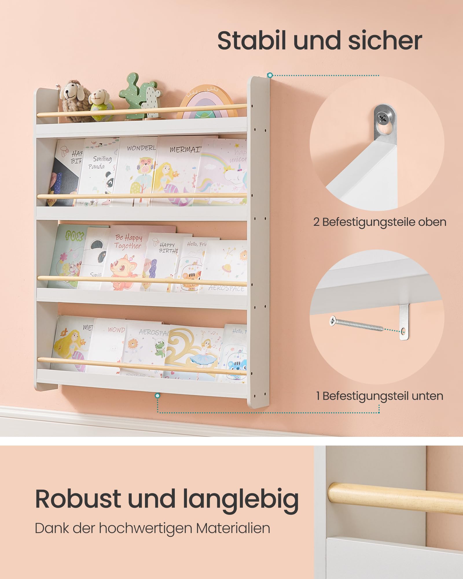 SONGMICS Bücherregal Kinder, 4 Ebenen, Spielzeugregal, Wandregal, weiß-naturfarben GKR014W01
