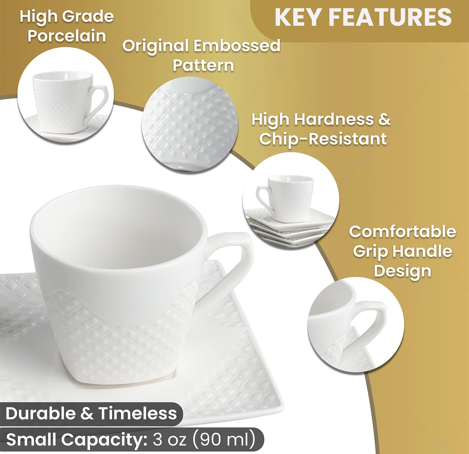 FUOCCI Juego de 6 tazas de café expreso italianas con platillo, de cerámica de 3.5 onzas
