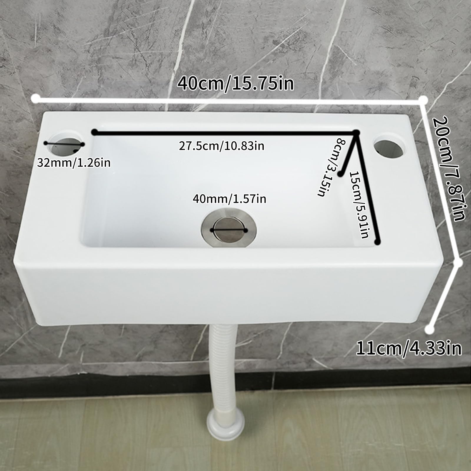 Lavabo de plástico, lavabo de vertido, lavabo para lavarse las manos, lavabo sencillo de plástico con manguera, tapón de desagüe para jardín, garaje, sótano, autocaravana (blanco, 40 x 20 cm)