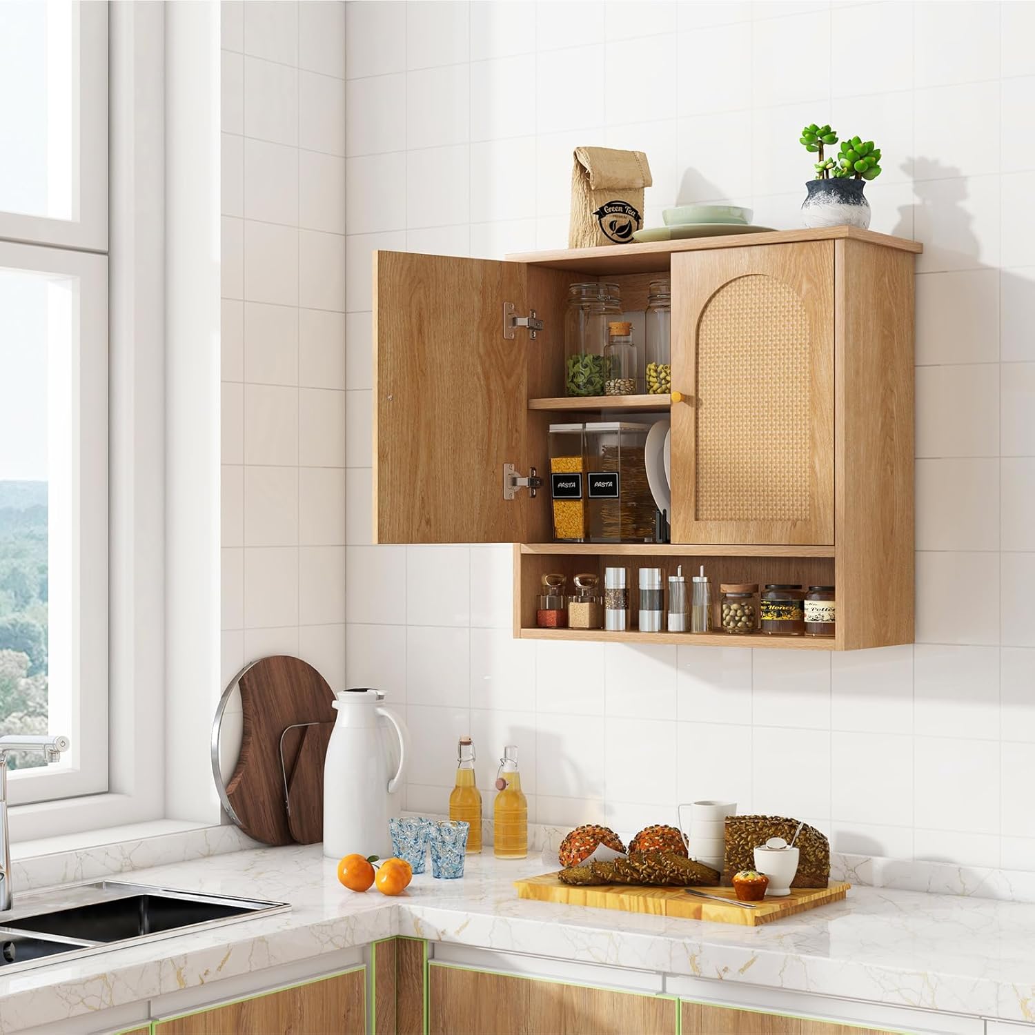 Giantex Medicine Cabinet, Bathroom Wall Cabinet with 2 Rattan Doors, Open Shelf, Heavy Duty Bathroom Cabinet, Cupboard for Kitchen, Living Room, Entryway, Over The Toilet Storage Cabinet, Wall Cabinet