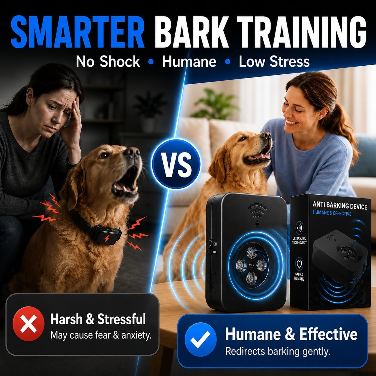 Automatic Anti Barking Device for Dogs, 4-Emitter Ultrasonic Bark Deterrent, 50 FT Range, 3 Modes, USB Rechargeable Hands-Free Indoor Outdoor Bark Control Box for 6-120 lb Dogs