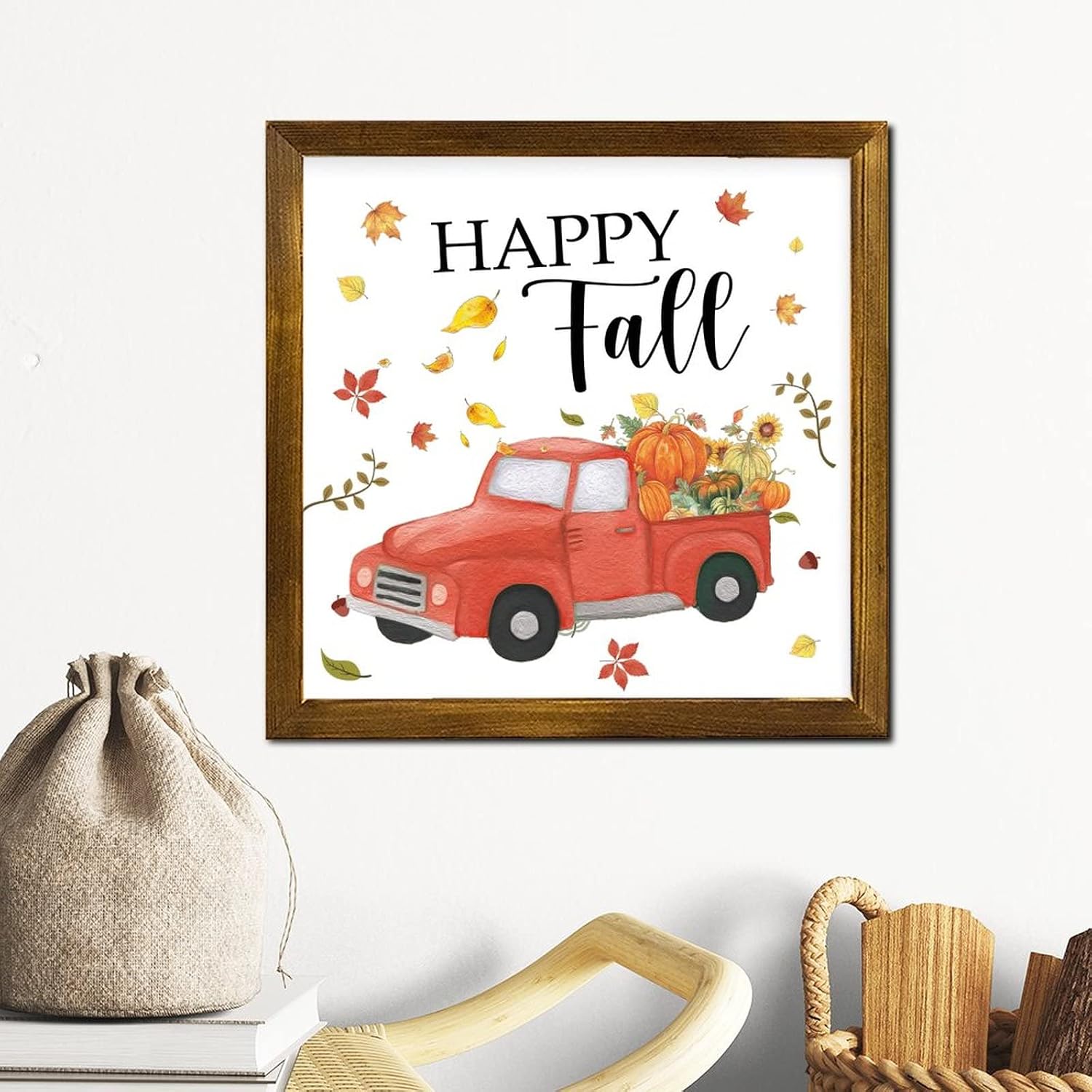 Happy Fall Red Truck Wooden Framed Sign Pumpkin Maple Leaves Sunflower Wood Plank Hanging Sign Rustic Autumn Harvest Wood Hanging Wall Art Decorative for Grandpa Papa Dad Boyfriend Teacher 12x12 inch