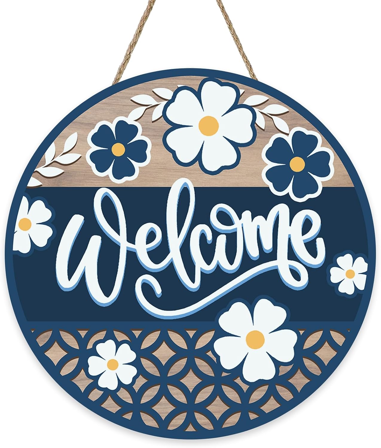 Welcome Spring Summer Floral Front Door Sign, Navy Blue White Daisy Flowers Wood Plaque Hanger Outdoor Outside Porch Home Decor, Farmhouse Wooden Wreath Indoor Wall Hanging Decoration