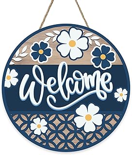 Welcome Spring Summer Floral Front Door Sign, Navy Blue White Daisy Flowers Wood Plaque Hanger Outdoor Outside Porch Home Decor, Farmhouse Wooden Wreath Indoor Wall Hanging Decoration
