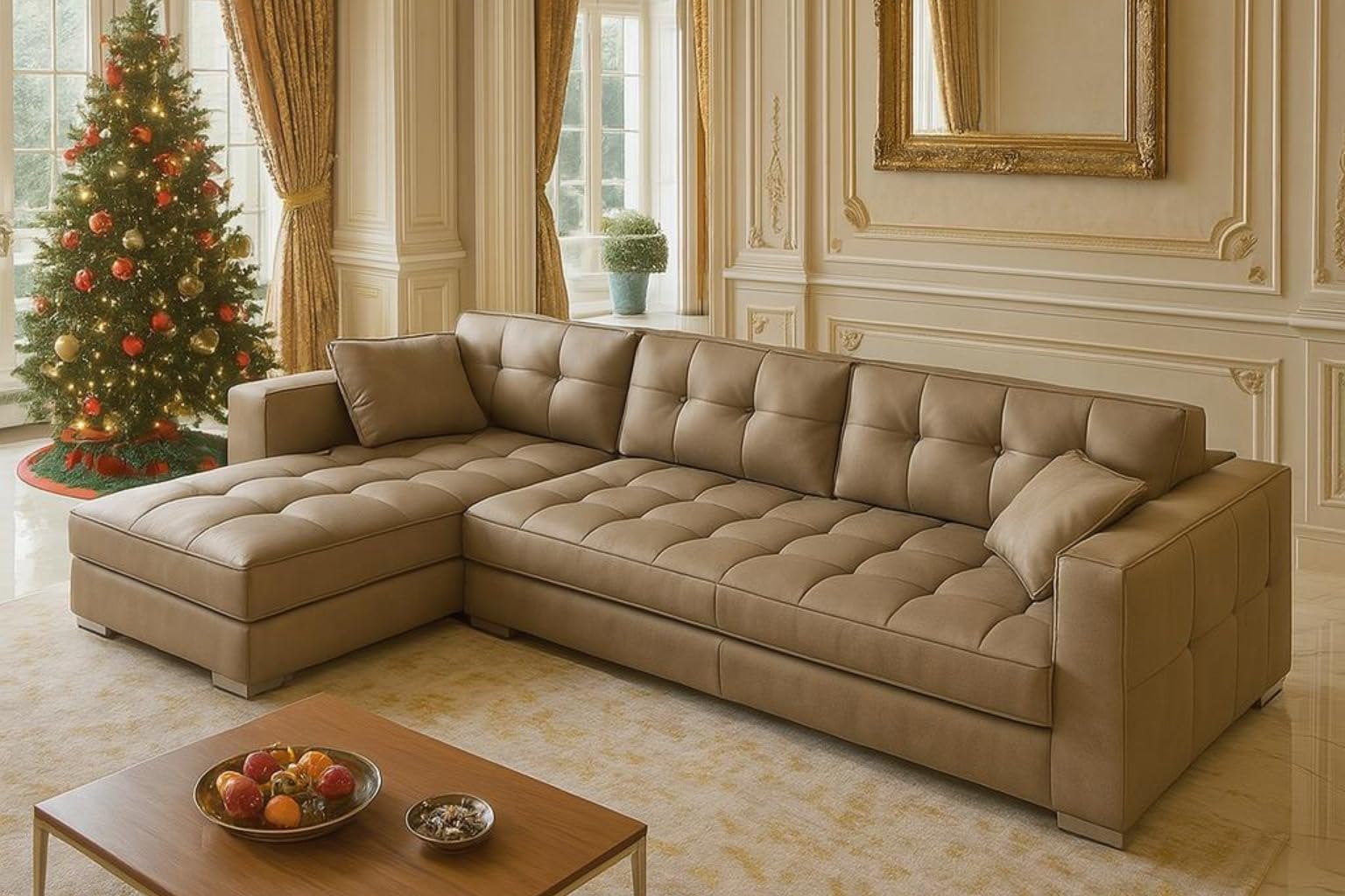 WUDRAAZ Interior Modern Button Tufted L-Shape Sectional Sofa Set with Left-Hand Facing Lounger, Premium Faux Leather Upholstery, High-Density Foam Cushions, Matching Bolster Pillows, 5 Seater (Beige)-image-10