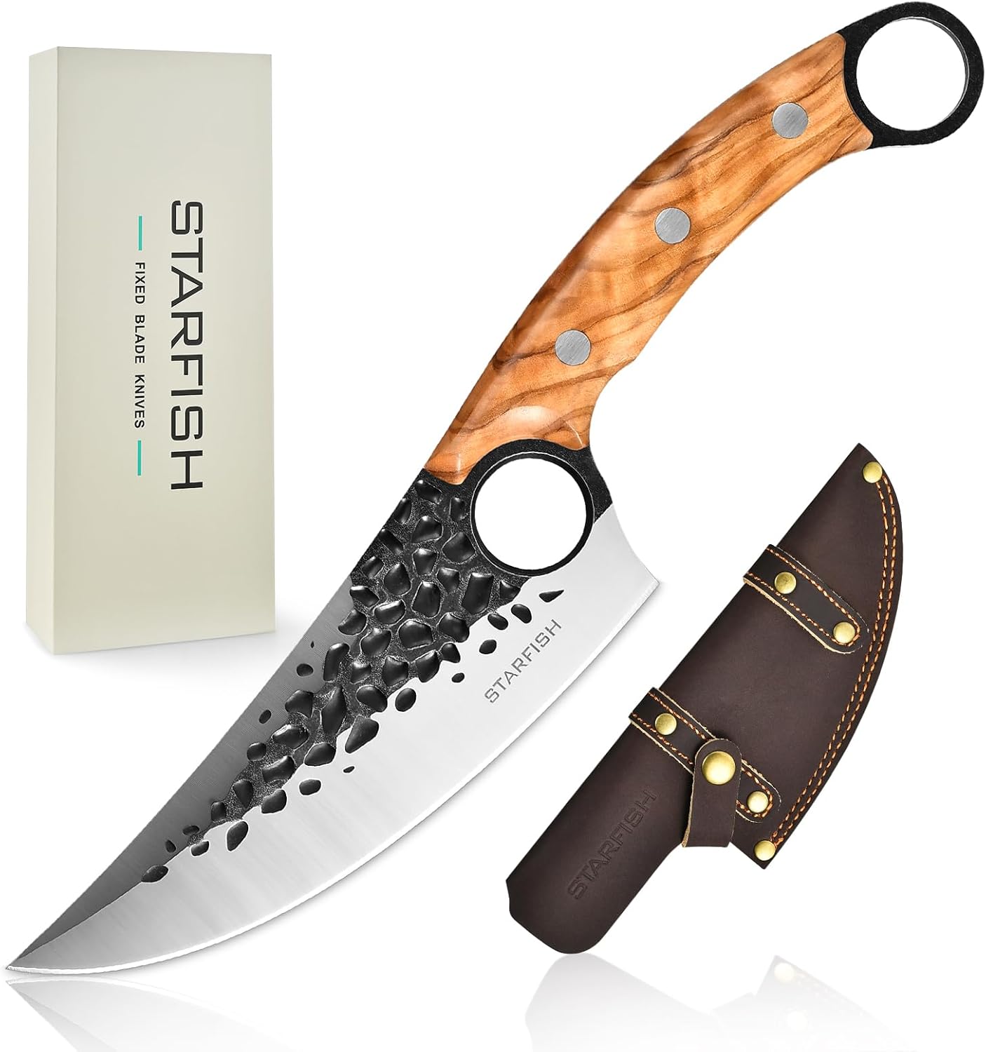 STARFISH Chef Knife, 6.0” Great Kitchen Knife with Leather Sheath for Home Cooking, Chopping. Olive Wooden Handle Japanese Style Forged Viking knives for Camping, BBQ