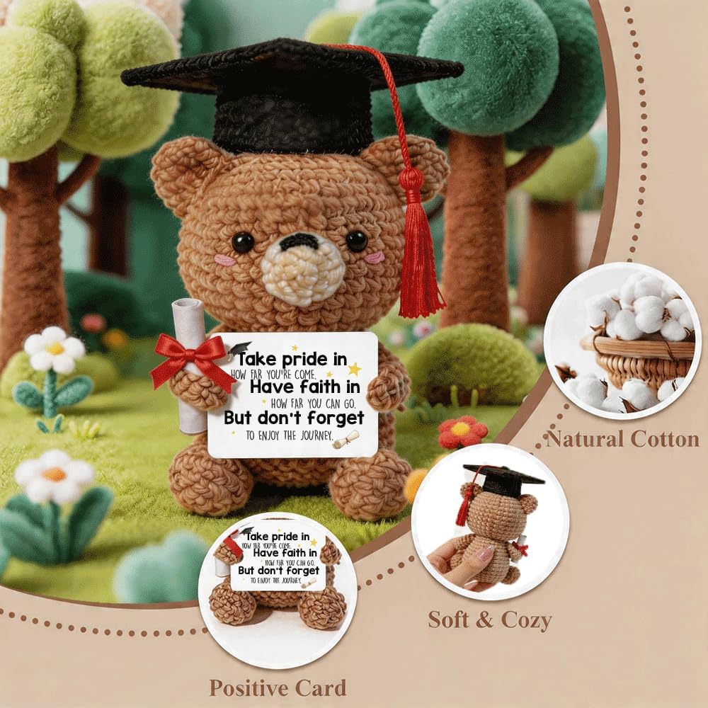 2026 Graduation Gift for Her Him, Funny Handmade Crochet Bear Graduation Decorations Gifts for Friend Women Men University Middle High School Grad Student Daughter Son, Home Collectible Desk Decor