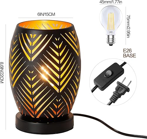 Miniatura 5 de Lámpara de mesa moderna, lámpara de mesita de noche con pantalla de metal hueca, lámpara de escritorio industrial moderna con base de madera para