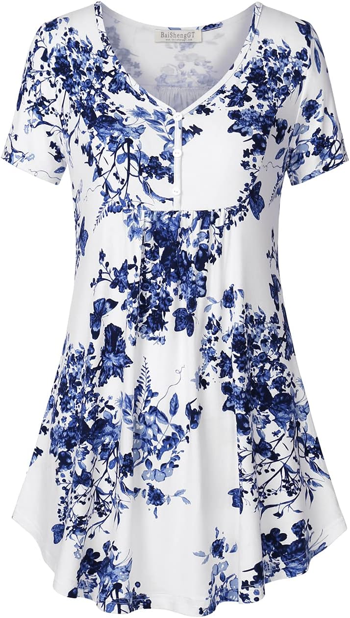 BAISHENGGT Women's Tunic Tops for Leggings Summer Short Sleeve Henley V Neck Button Casual Blouses Flowy T Shirt