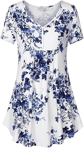BAISHENGGT Women's Tunic Tops for Leggings Summer Short Sleeve Henley V Neck Button Casual Blouses Flowy T Shirt