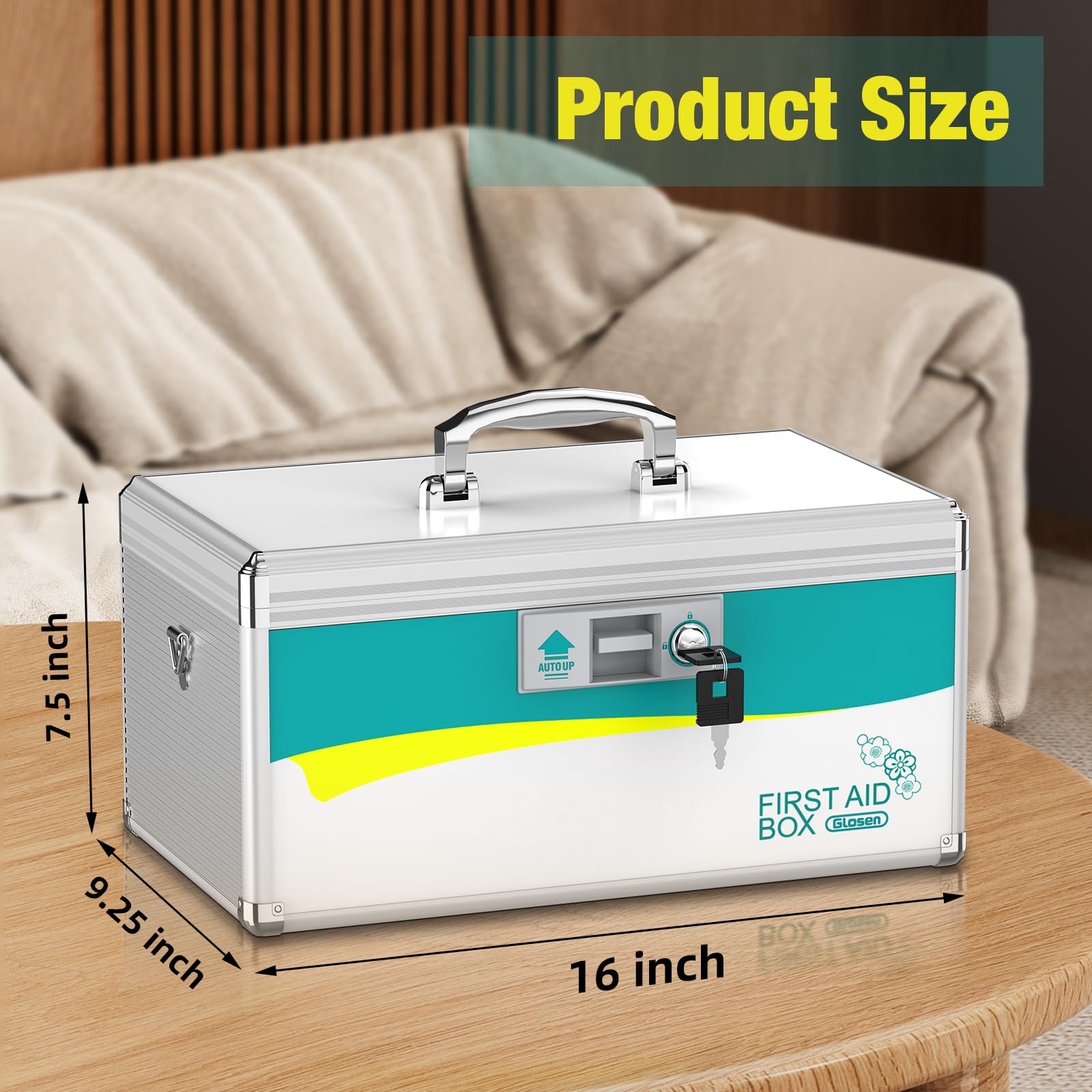 Glosen Caja de bloqueo de medicamentos con llave, caja de medicamentos portátil con bloqueo, organizador de seguridad para medicamentos, caja de primeros auxilios con asa, 40,5 x 23,5 x 19 cm