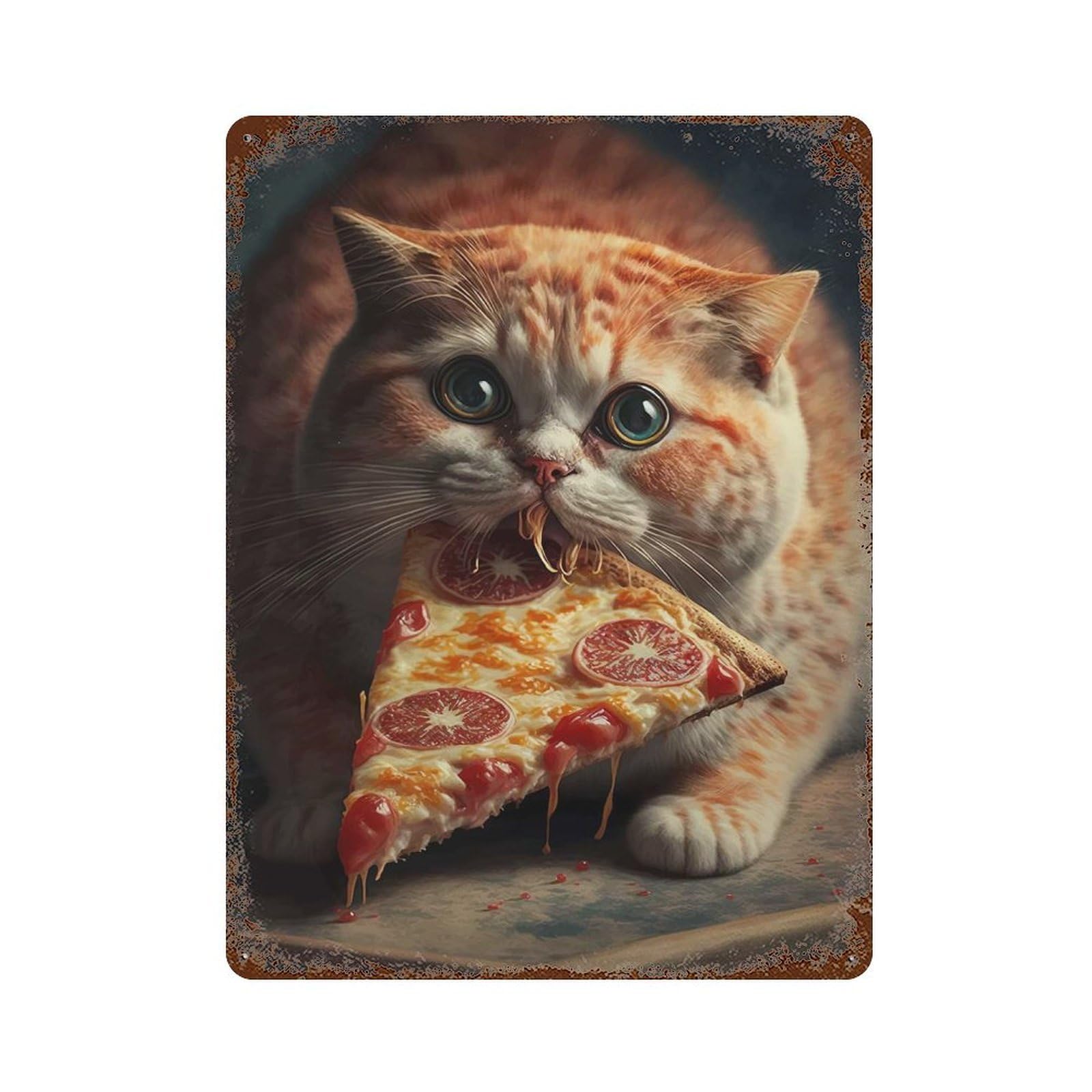 Funny Cat Eating Pizza Rust Effect Tin Sign 15.7"x11.8", Ideal for Garage, Bar And Workshop Decor