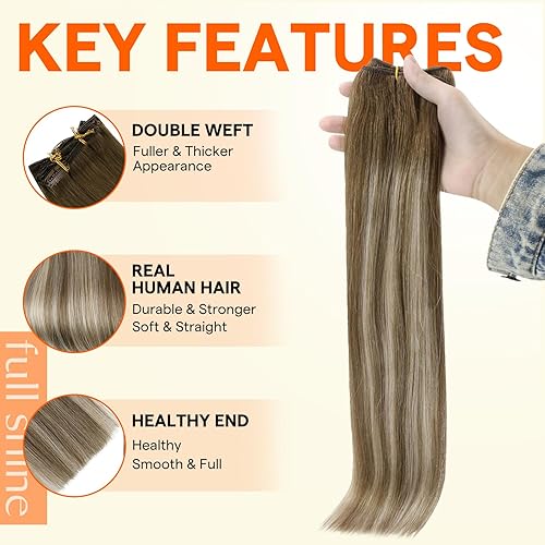 Miniatura 2 de Full Shine Extensiones de cabello humano real para coser, trama, invisible, marrón oscuro degradado a rubio ceniza, mezcla de marrón, para mujeres,