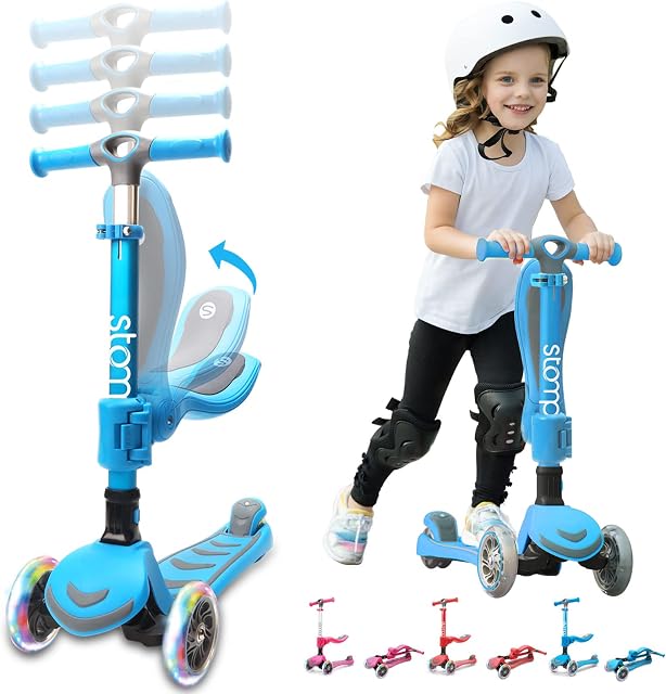 Stompa 3 Wheel Scooter 2-in-1 Kids Scooter with Seat, Foldable Toddler Scooters for Kids Ages 2 -8 Years Old Boy Girl with 4 Adjustable Height, Kick Scooter with Lean-to-Steer and Light Up LED Wheels