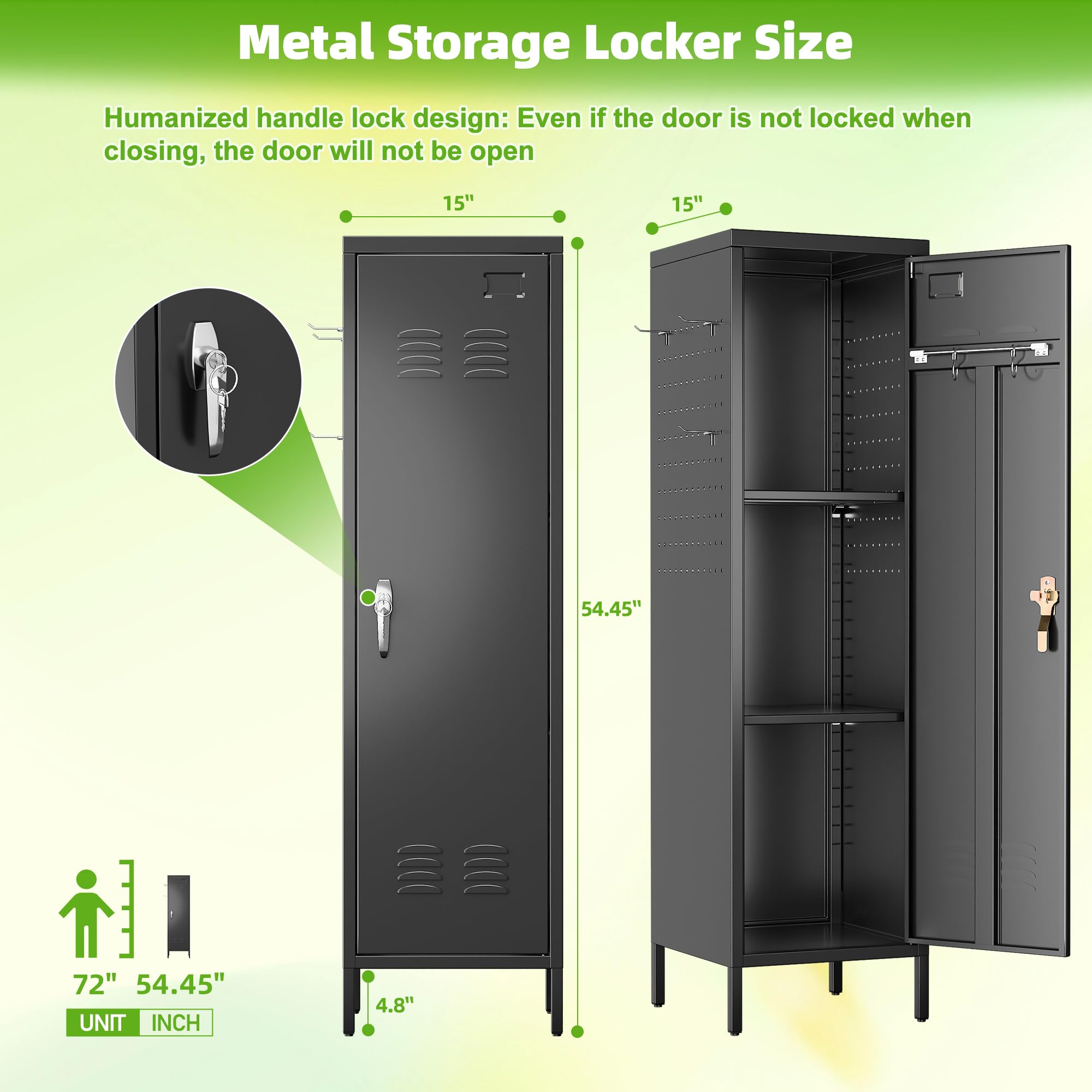 SUPEER Metal Lockers for Employees with Handle,Metal Storage Locker with 2 Pegboard & 5 Hooks for Gym, School, Office,Home,Garage,Black