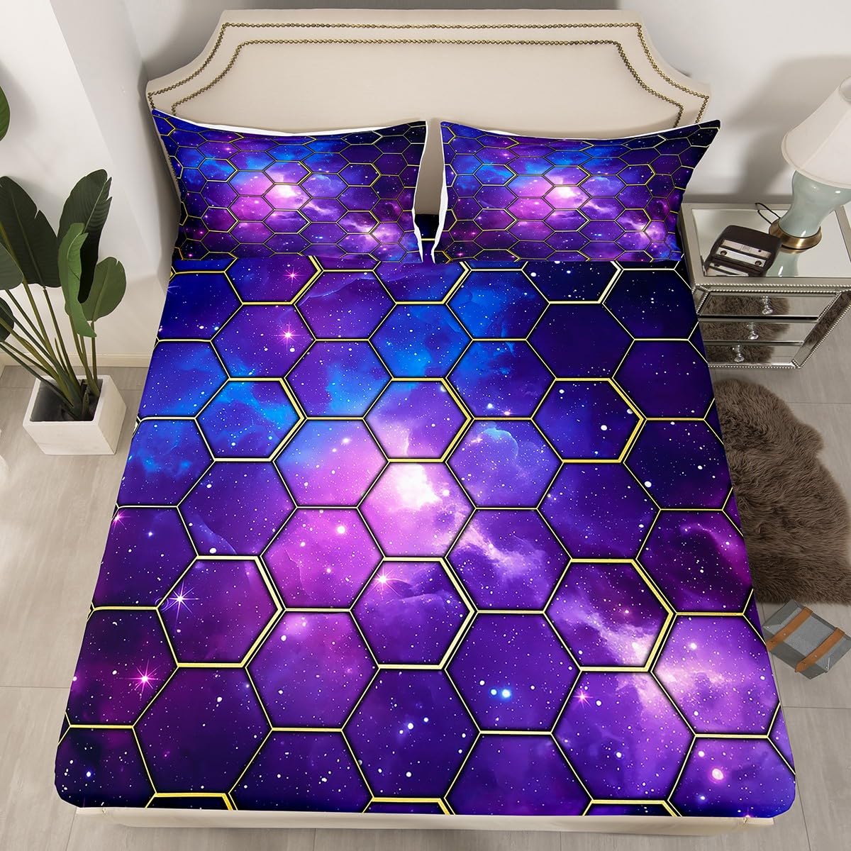 Parure de lit galaxie en microfibre respirante motif hexagonal bleu violet
