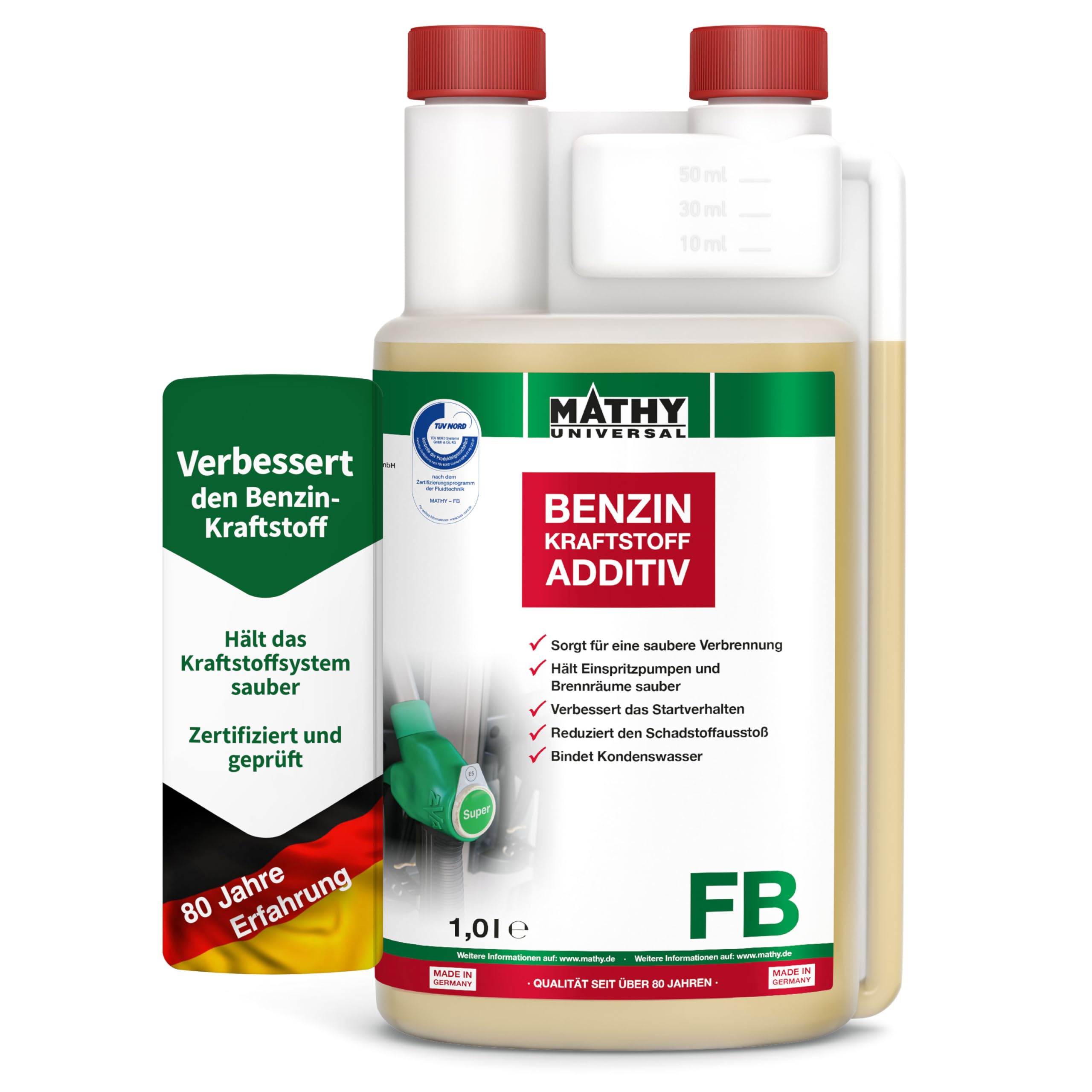 MATHY-FB Benzin-Pflege-Kraftstoffadditiv, 1 Liter, Additiv Systemreiniger | Benzinadditiv & Kraftstoffstabilisator, Hochkonzentrierte Reinigung für Benzinmotor, Reiniger bei jeder Tankfüllung