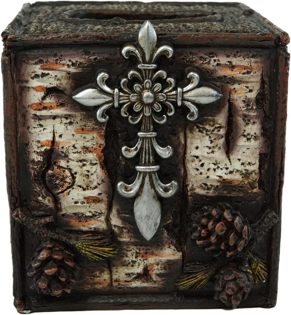 Ebros Gift Rustic Southwestern Inspirational Le Fleur Cross with Birch and Pinecones Bathroom Accessory Resin Sculpture Fleur De Lis Accent (Tissue Box Holder Case)