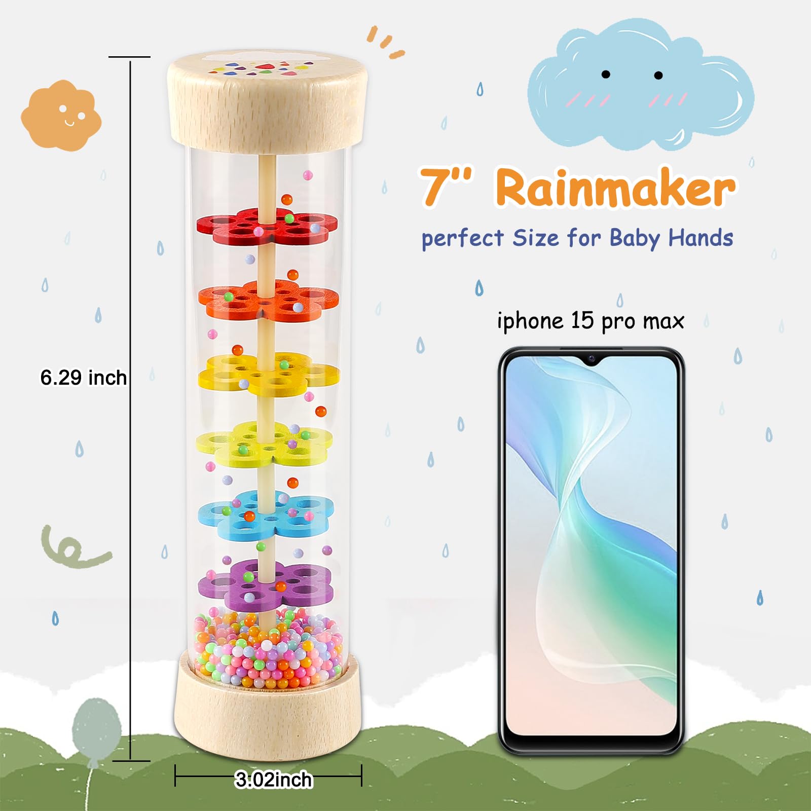 LOOIKOOS Rainmaker - 7 inch Wooden Rain Stick Montessori Toys for Babies 6-12 Months,Baby Rattle Shaker Sensory Developmental Toy,Raindrops Musical Instrument Baby Musical Toys for Baby 6 7 8 9