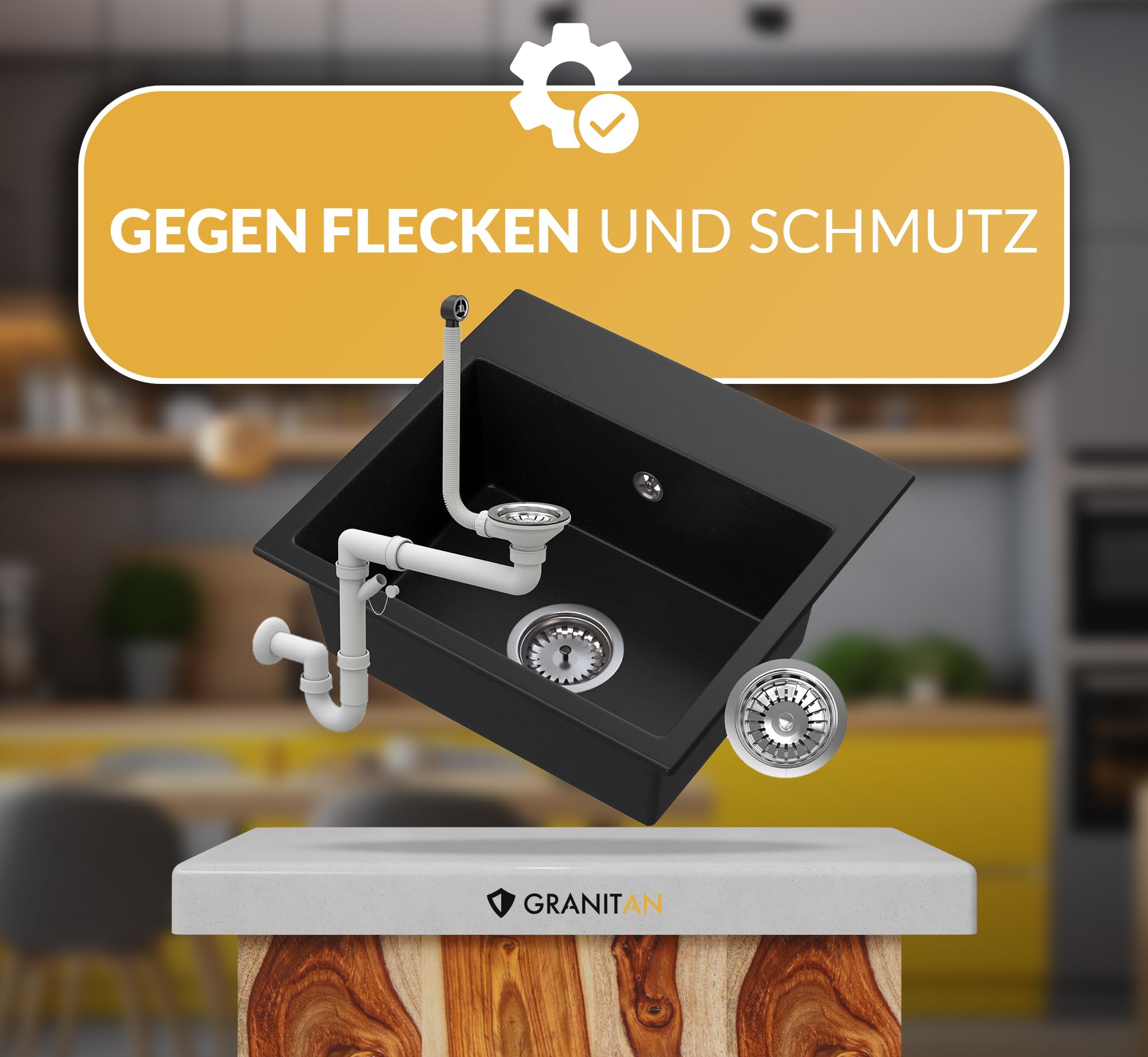 Granitan Spülbecken 44,5x41,5 cm mit Siphon, Granitspüle mit Zwei Löchern | Waschbecken für Küche mit Küchenarmatur, Einbauspüle Milos, Tiefschwarz (auch Schwarz Siphon)